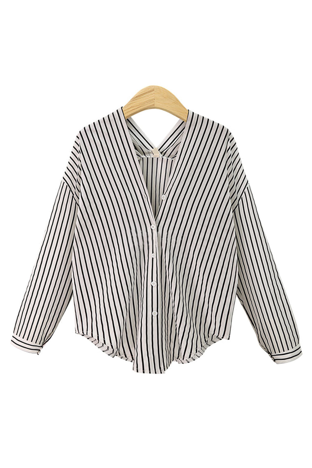 Women Superb Striped Pattern Loose Long Sleeve Deep V-Neck Button Closure Casual Shirt