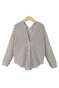 Women Superb Striped Pattern Loose Long Sleeve Deep V-Neck Button Closure Casual Shirt