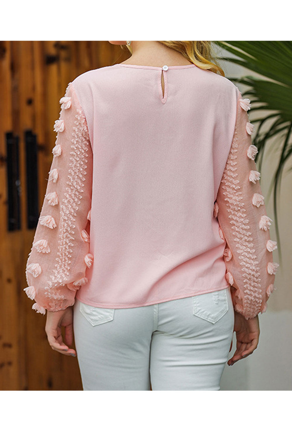 Women Plus Lantern Long Sleeve Fabulous Chiffon Summer Solid Pattern Flower Decoration Shirt