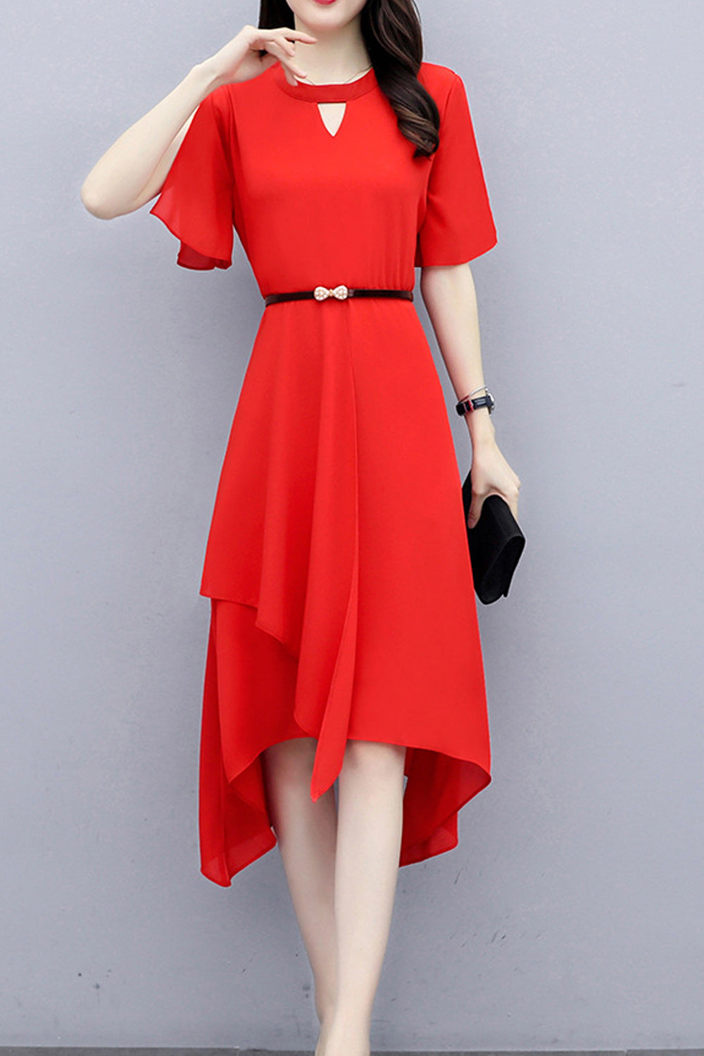 Women Awesome Solid Colored Round Neck Elbow Sleeve Relax Fit Irregular Hem Summer Dress