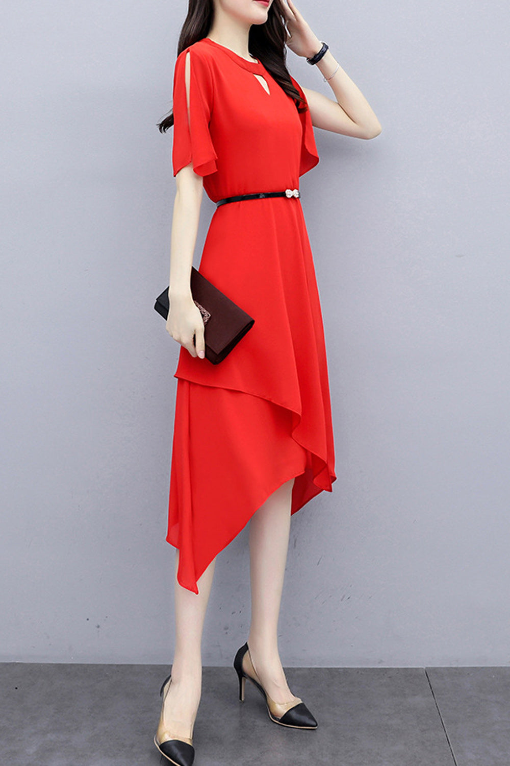 Women Awesome Solid Colored Round Neck Elbow Sleeve Relax Fit Irregular Hem Summer Dress