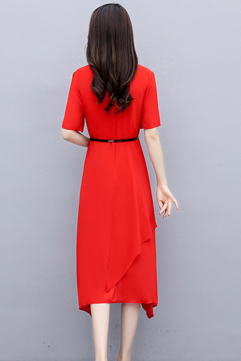 Women Awesome Solid Colored Round Neck Elbow Sleeve Relax Fit Irregular Hem Summer Dress