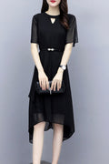 Women Awesome Solid Colored Round Neck Elbow Sleeve Relax Fit Irregular Hem Summer Dress