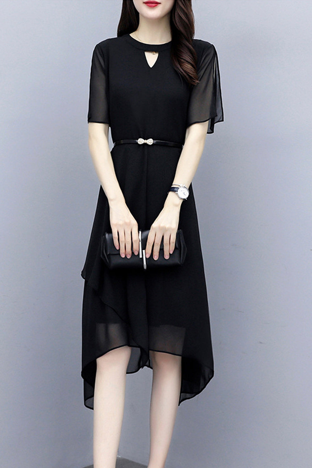Women Awesome Solid Colored Round Neck Elbow Sleeve Relax Fit Irregular Hem Summer Dress