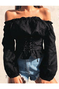 Women Pretty Solid Colored One-Line Neck Stylish Lantern Sleeve Slim Waist Lovely Top