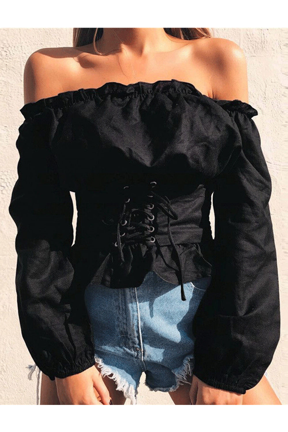 Women Pretty Solid Colored One-Line Neck Stylish Lantern Sleeve Slim Waist Lovely Top