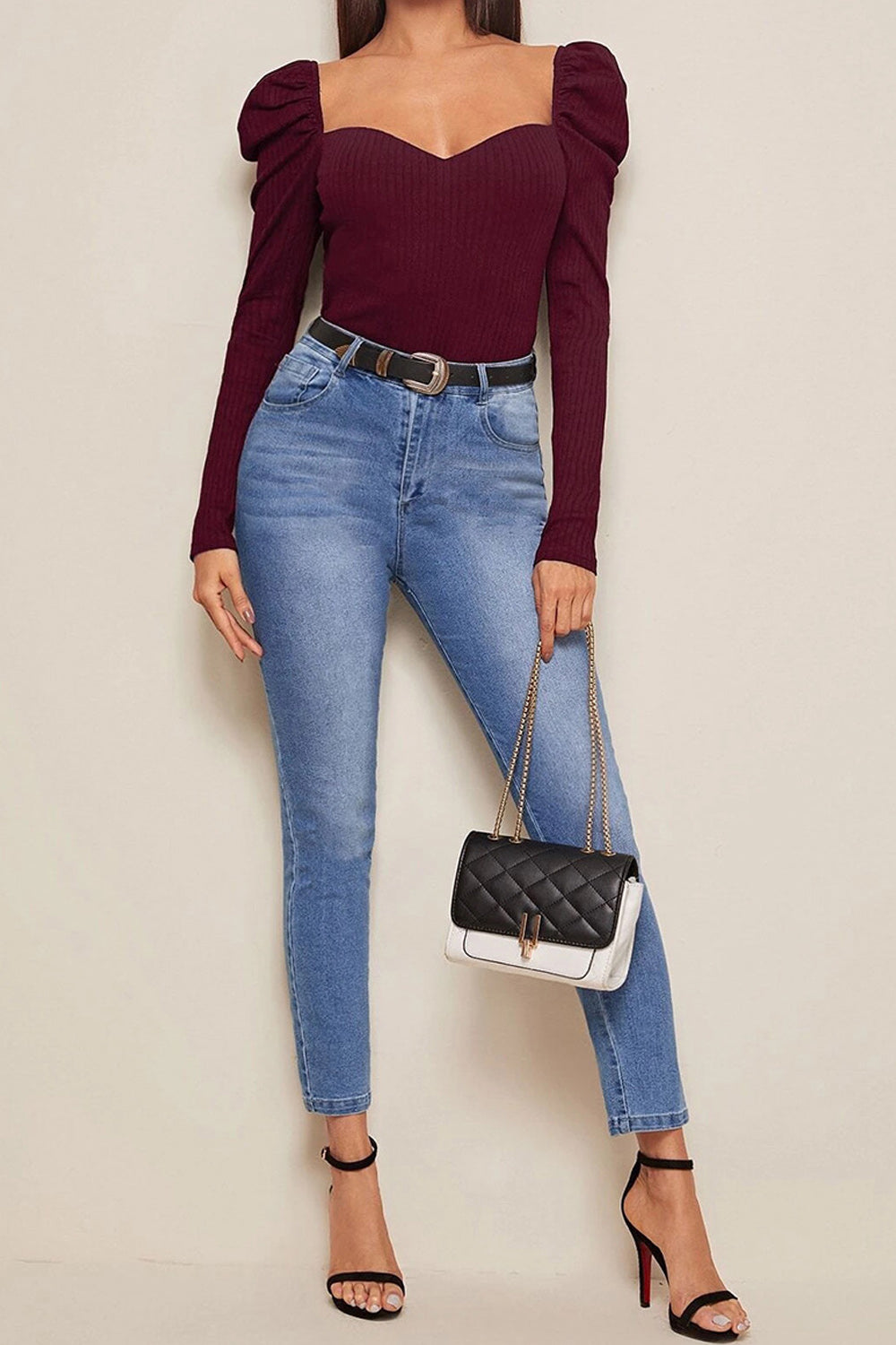 Women Tremendous Solid Colored Bubble Long Sleeve Square Neck Slim Fit Winter Pullover Casual Shirt