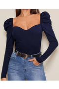 Women Tremendous Solid Colored Bubble Long Sleeve Square Neck Slim Fit Winter Pullover Casual Shirt