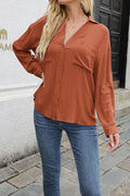 Women Breathable Collar Neck Awesome Solid Colored Pockets Styled Long Sleeve Button Closurer Casual Shirt