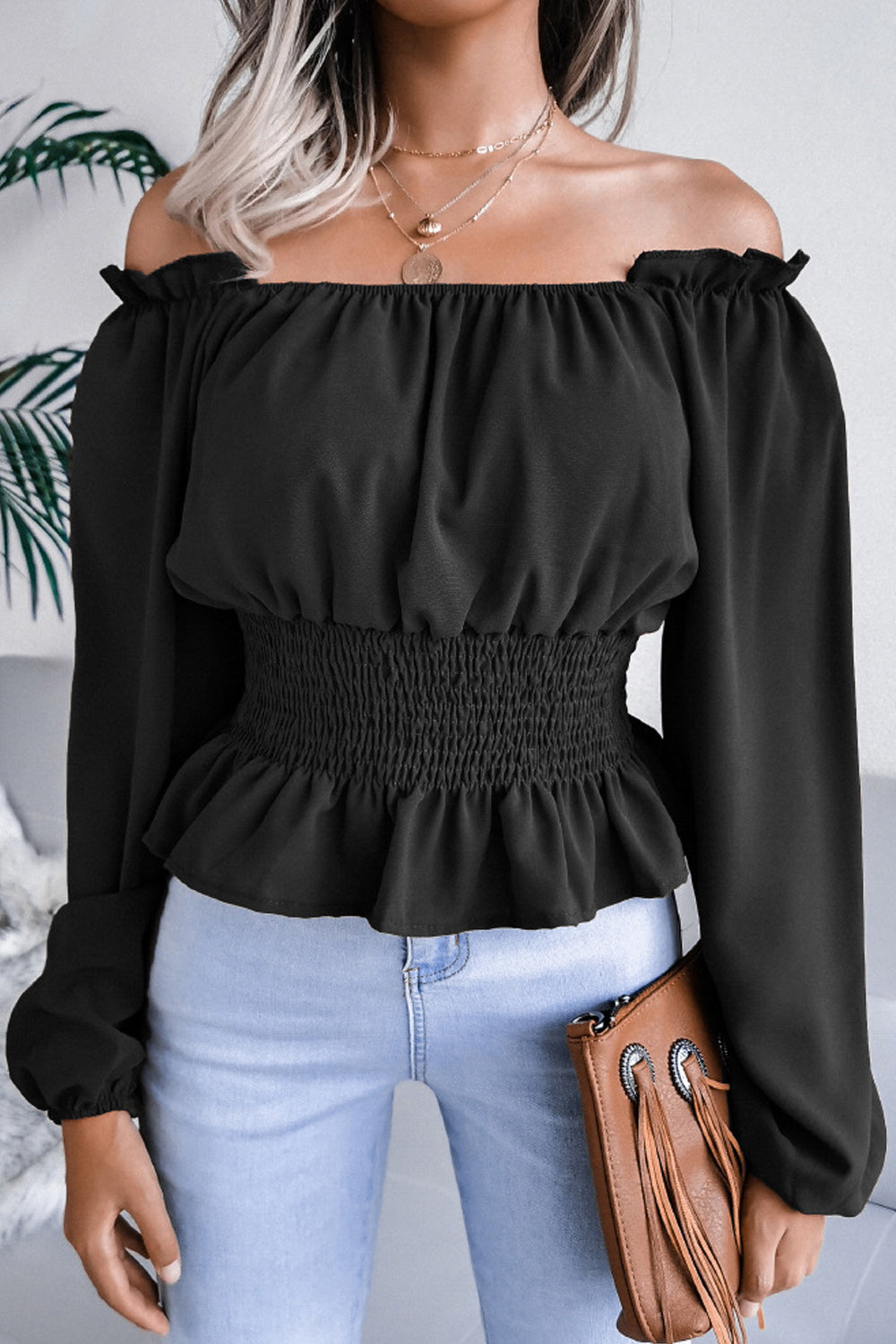 Women Fantastic One-Word Neck Elasticated Waist Lovely Solid Colored Loose Long Sleeve Winter Top
