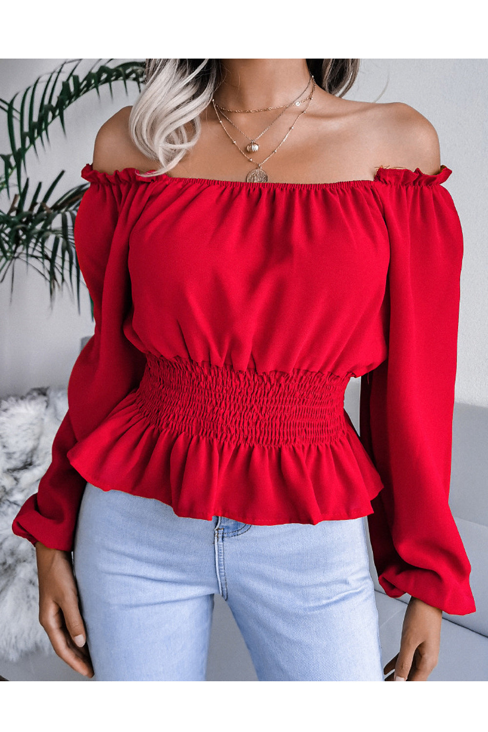 Women Fantastic One-Word Neck Elasticated Waist Lovely Solid Colored Loose Long Sleeve Winter Top