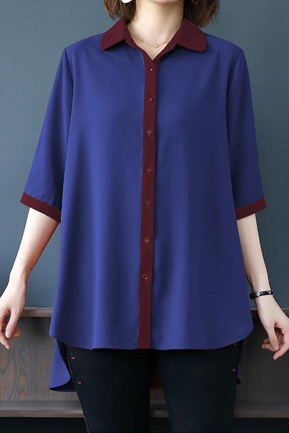 Women Modern Elbow Sleeve Collar Neck Superb Solid Colored Casual Thin Summer Chiffon Button Closure Shirt