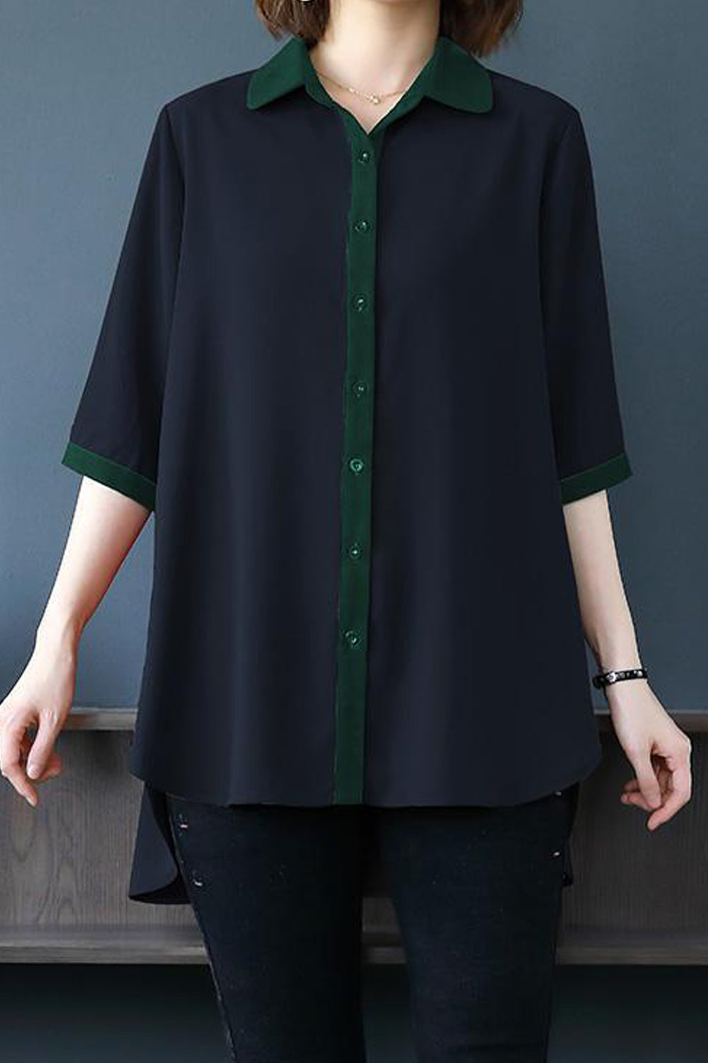 Women Modern Elbow Sleeve Collar Neck Superb Solid Colored Casual Thin Summer Chiffon Button Closure Shirt