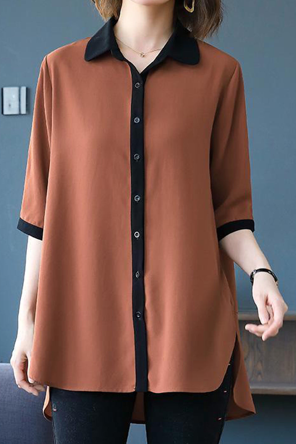 Women Modern Elbow Sleeve Collar Neck Superb Solid Colored Casual Thin Summer Chiffon Button Closure Shirt