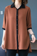 Women Modern Elbow Sleeve Collar Neck Superb Solid Colored Casual Thin Summer Chiffon Button Closure Shirt