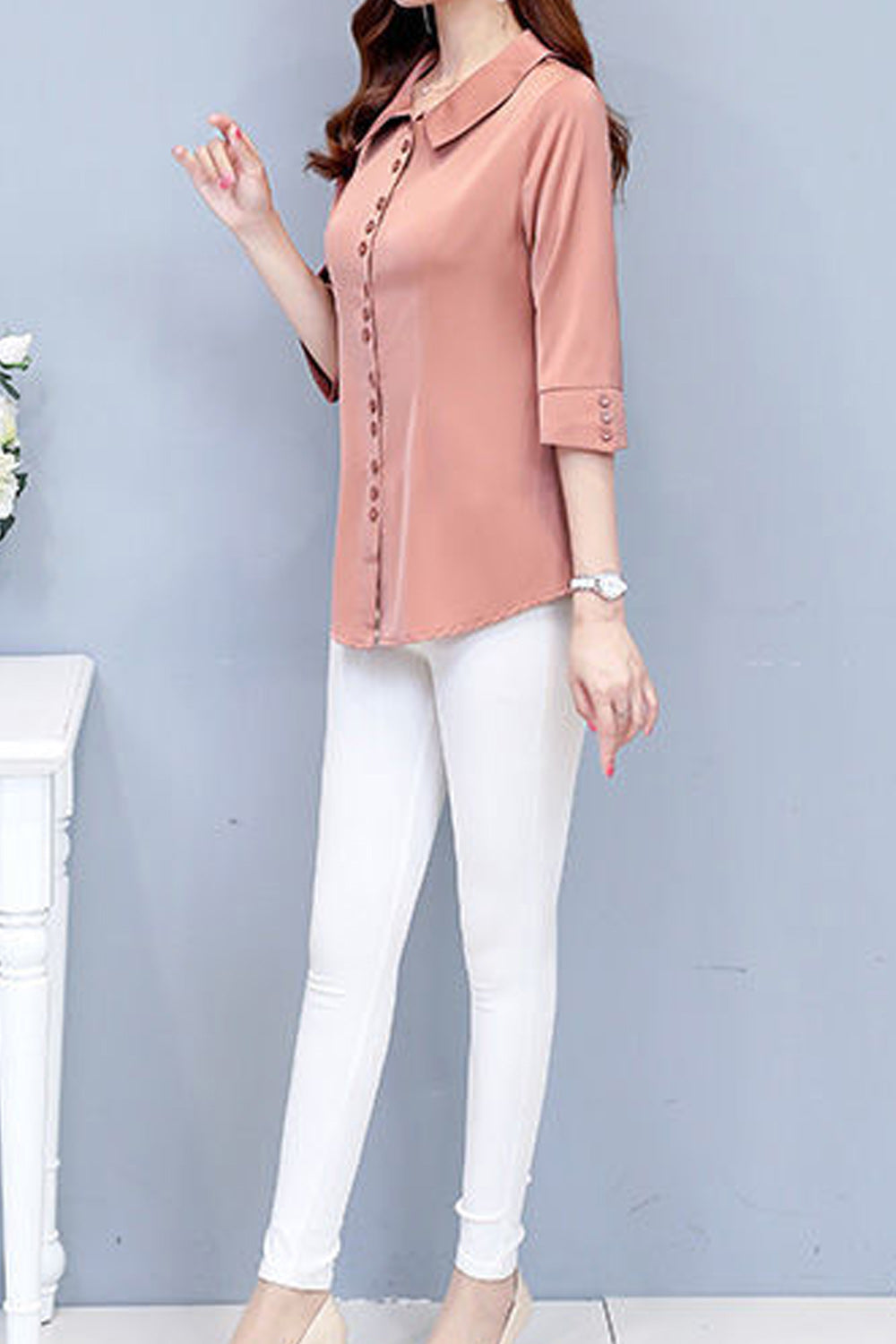 Women Magnificent Solid Colored Elbow Sleeve Collar Neck Easy Button Closure Summer Restful Casual Shirt