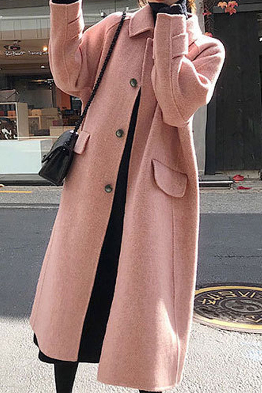 Women Knitted Long Sleeve Collar Neck Mid-Length Flap Pockets Superb Solid Color Easy Button Closure Warm Coat