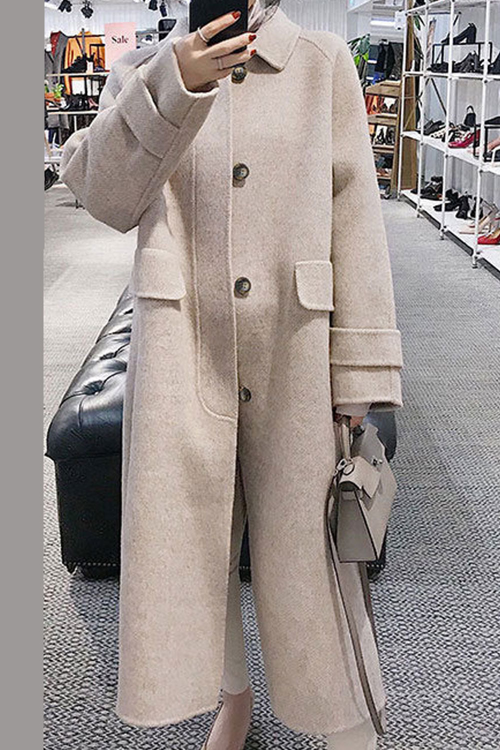 Women Knitted Long Sleeve Collar Neck Mid-Length Flap Pockets Superb Solid Color Easy Button Closure Warm Coat