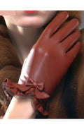 Women Cozy Wind Proof Outdoor Coldproof Bow Knotted Wrist Thick PU Leather Gloves