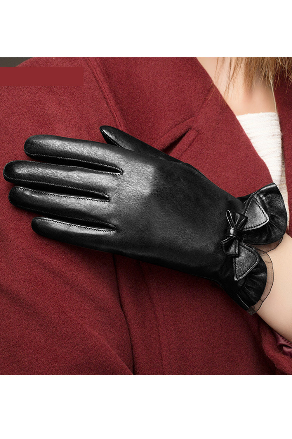 Women Cozy Wind Proof Outdoor Coldproof Bow Knotted Wrist Thick PU Leather Gloves