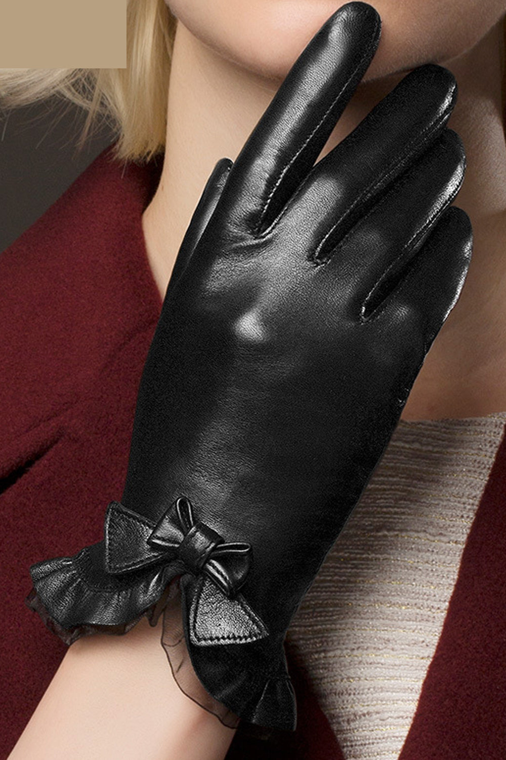 Women Cozy Wind Proof Outdoor Coldproof Bow Knotted Wrist Thick PU Leather Gloves