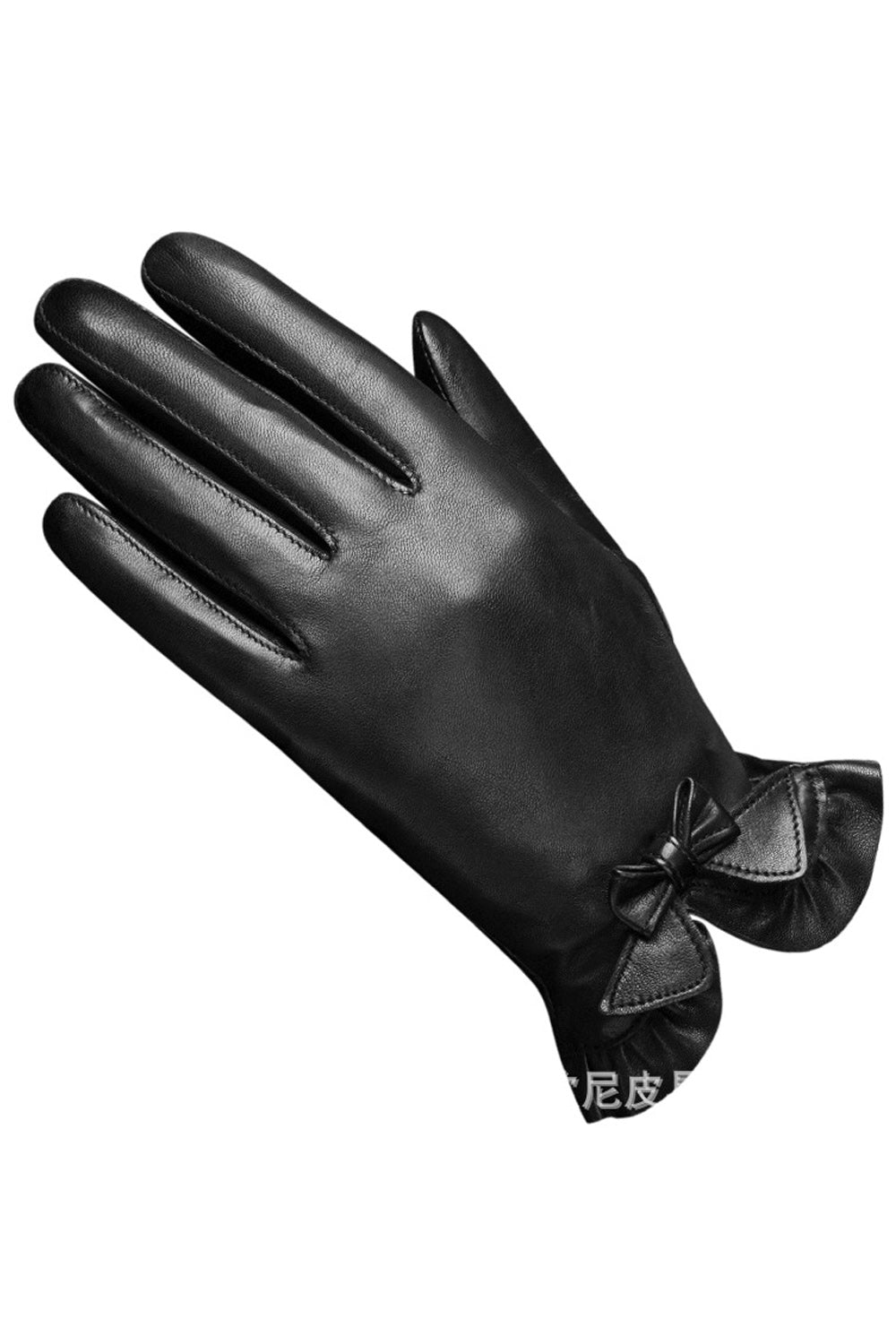 Women Cozy Wind Proof Outdoor Coldproof Bow Knotted Wrist Thick PU Leather Gloves