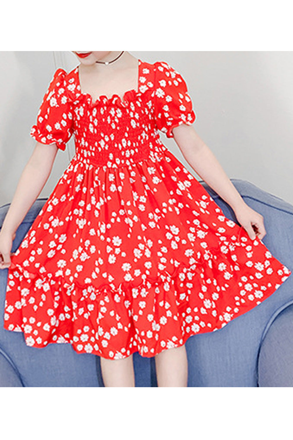 Kids Girls Puff Short Sleeve Square Neck Printed Pattern Awesome Beautiful Dress