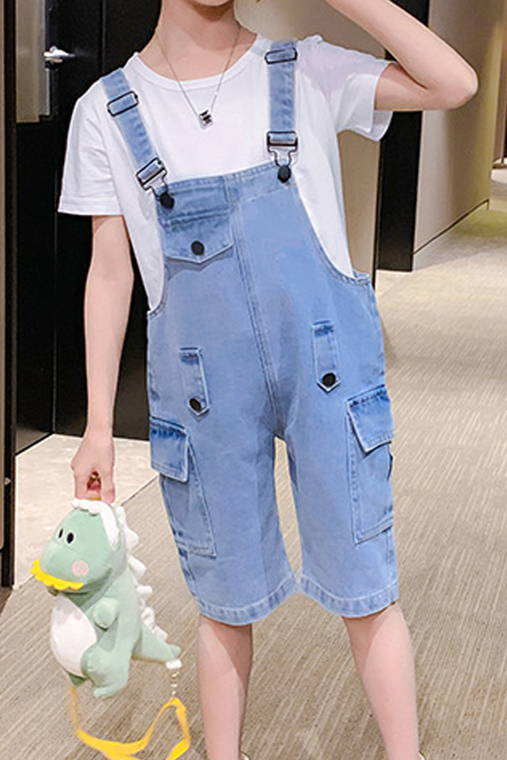 Kids Girls Elegant Solid Colored T-Shirt Denim Bib Two Piece Outfit