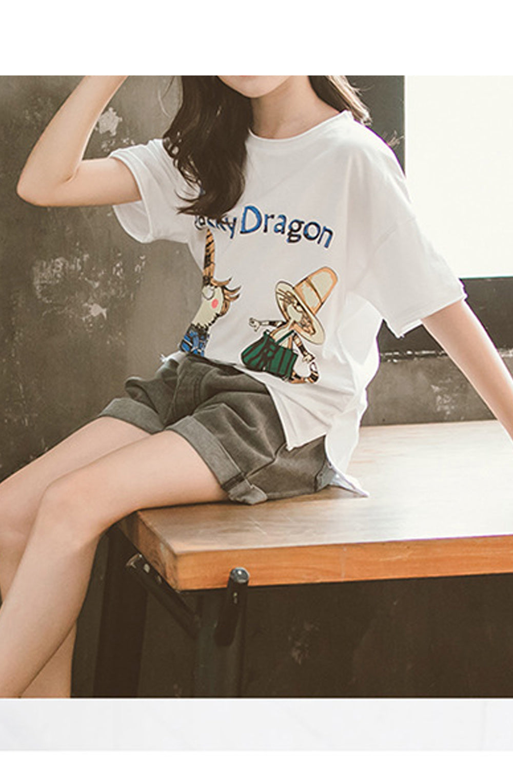 Kids Girls Lovely Cartoon Printed T-Shirt Denim Short Two Piece Outfit