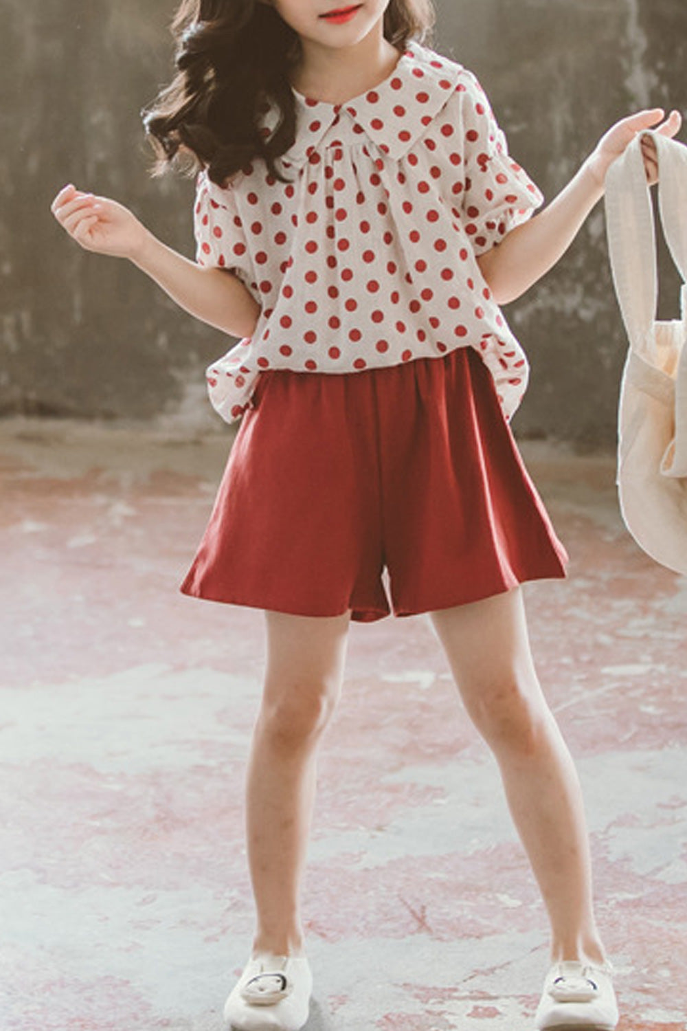 Kids Girls Cute Polka Dot Printed Top Solid Colored Short Two Piece Outfit