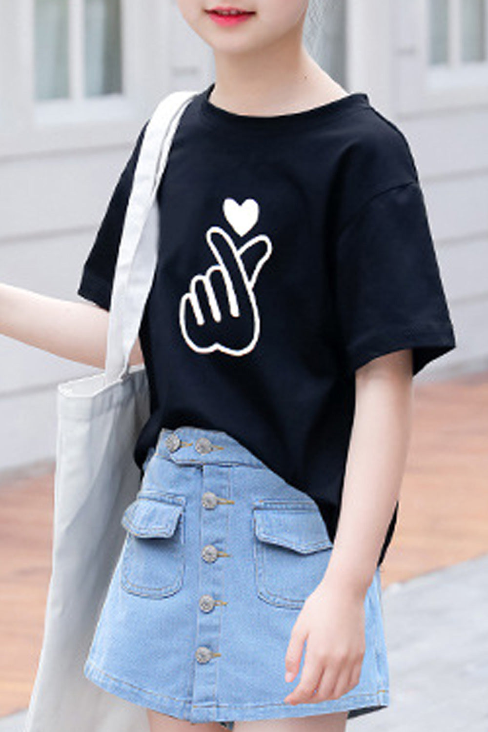 Kids Girls Breathable Solid Colored Printed Button Closure Denim Skirt Two Piece Outfit