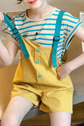 Kids Girls Cute Striped Pattern T-Shirt Strap Style Bib Two Piece Outfit