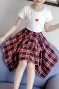 Kids Girls Easy Round Neck Short Sleeve Irregular Skirt Amazing Plaid Pattern Summer Two-piece Outfit