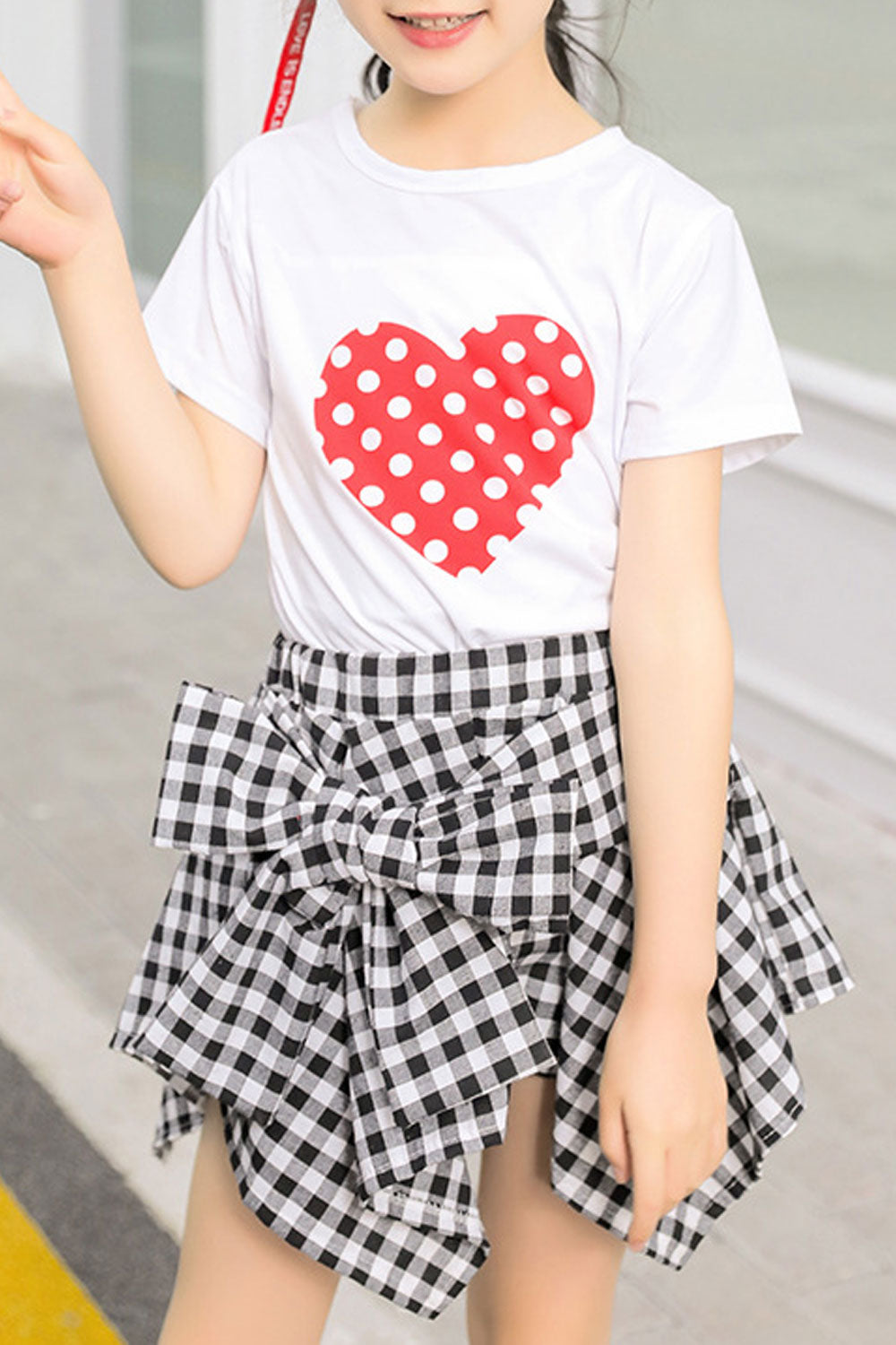 Kids Girls Beautiful Irregular Skirt Heart Printed T-Shirt Two Piece Outfit