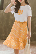 KIds Girls Beautiful Heart Printed T_Shirt Dot Printed Chiffon Skirt Two Piece Outfit