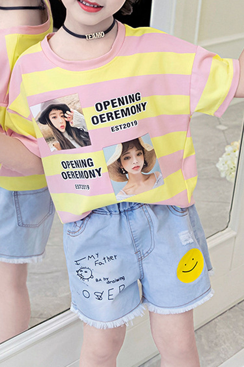Kids Girls Cute Printed Denim Short Striped Pattern T-Shirt Two Piece Outfit