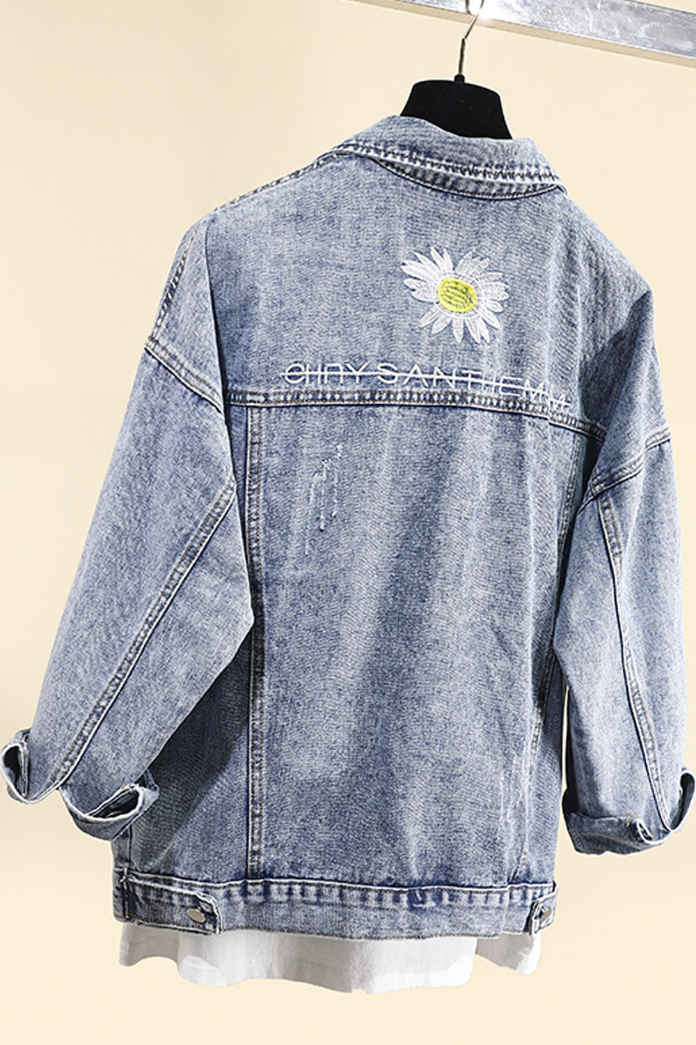 Women Cute Flower Embroidery Relaxing Loose Ventilated Long Sleeve Denim Jacket