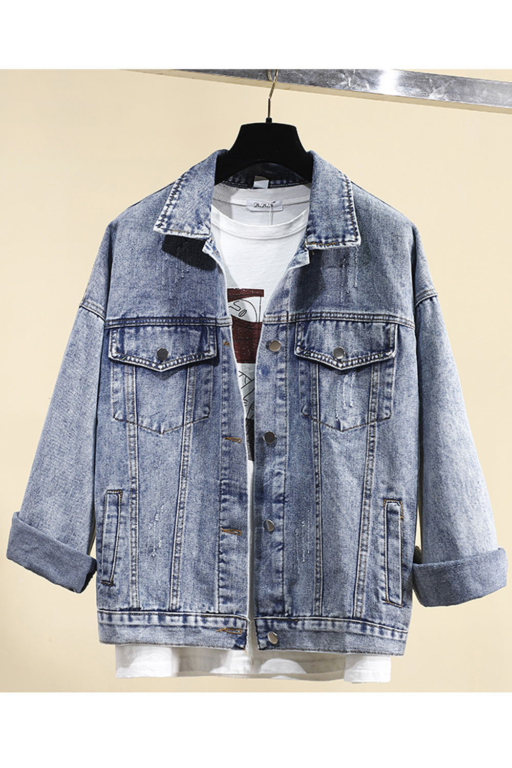 Women Cute Flower Embroidery Relaxing Loose Ventilated Long Sleeve Denim Jacket