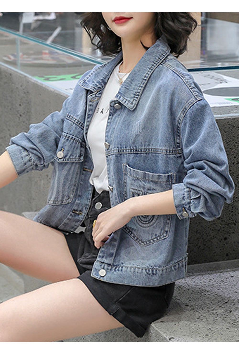 Women Fantastic Long Sleeve Loose Breathable Front Button Closure Denim Jacket
