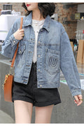 Women Fantastic Long Sleeve Loose Breathable Front Button Closure Denim Jacket