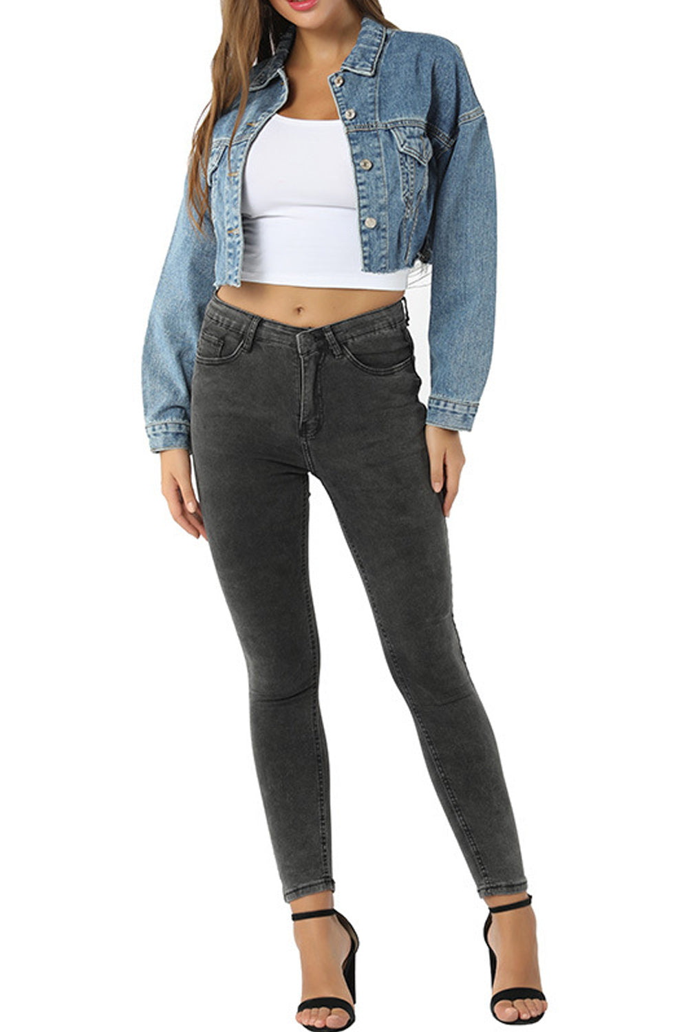 Women Short Length Modish Solid Pattern Long Sleeve Fabulous Button Closure Denim Jacket