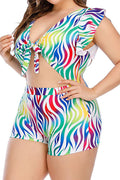 Women Printed Style Two Piece Elasticated Waistband Soft Ruffle Shoulder Swimwear