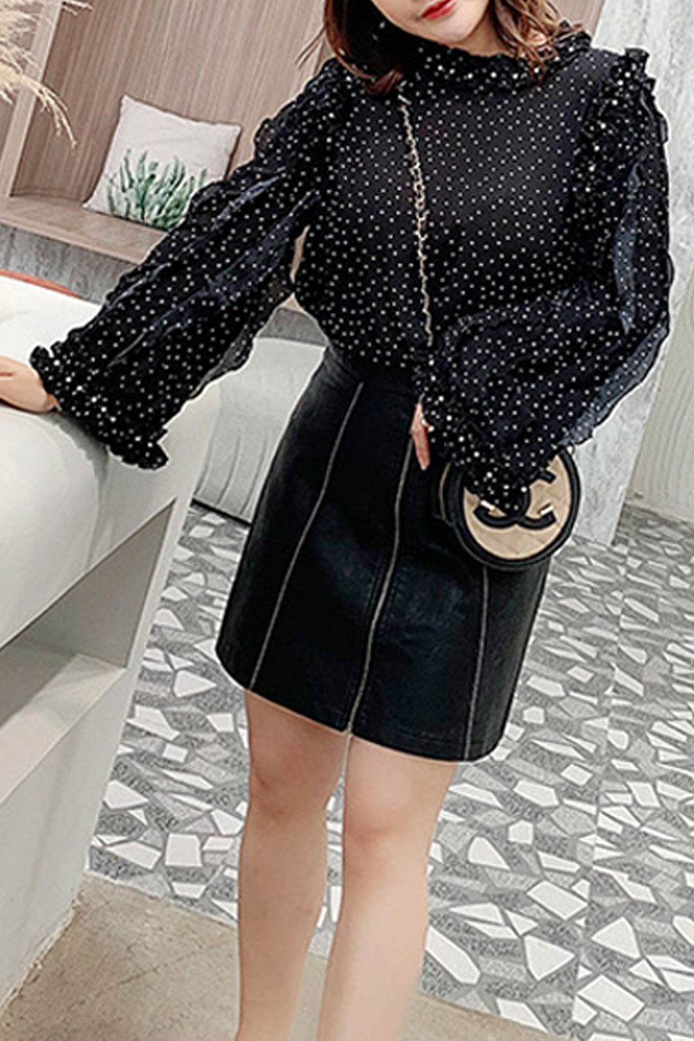 Women Plus Polka Dot Ruffled Long Sleeve Chiffon Shirt