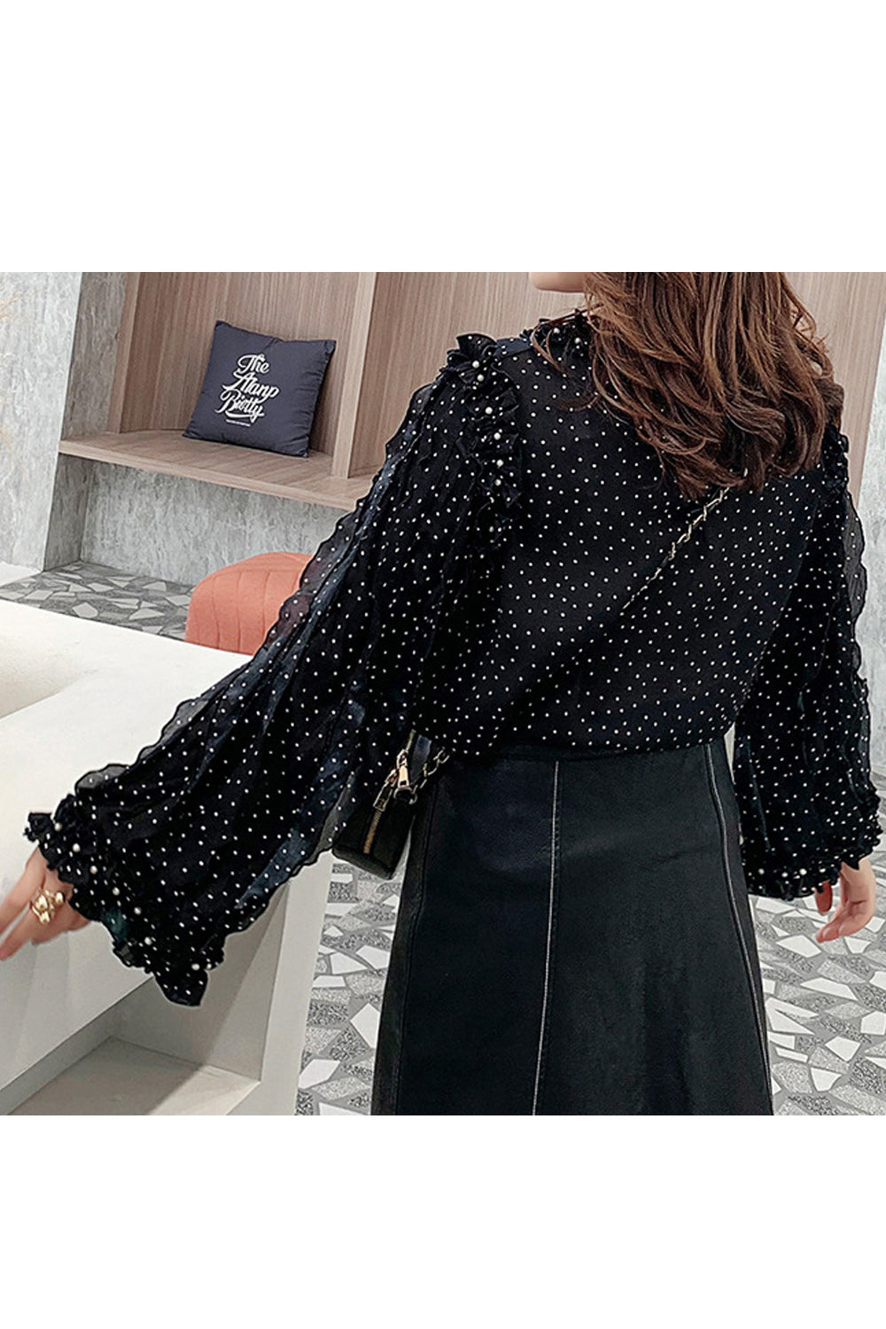 Women Plus Polka Dot Ruffled Long Sleeve Chiffon Shirt