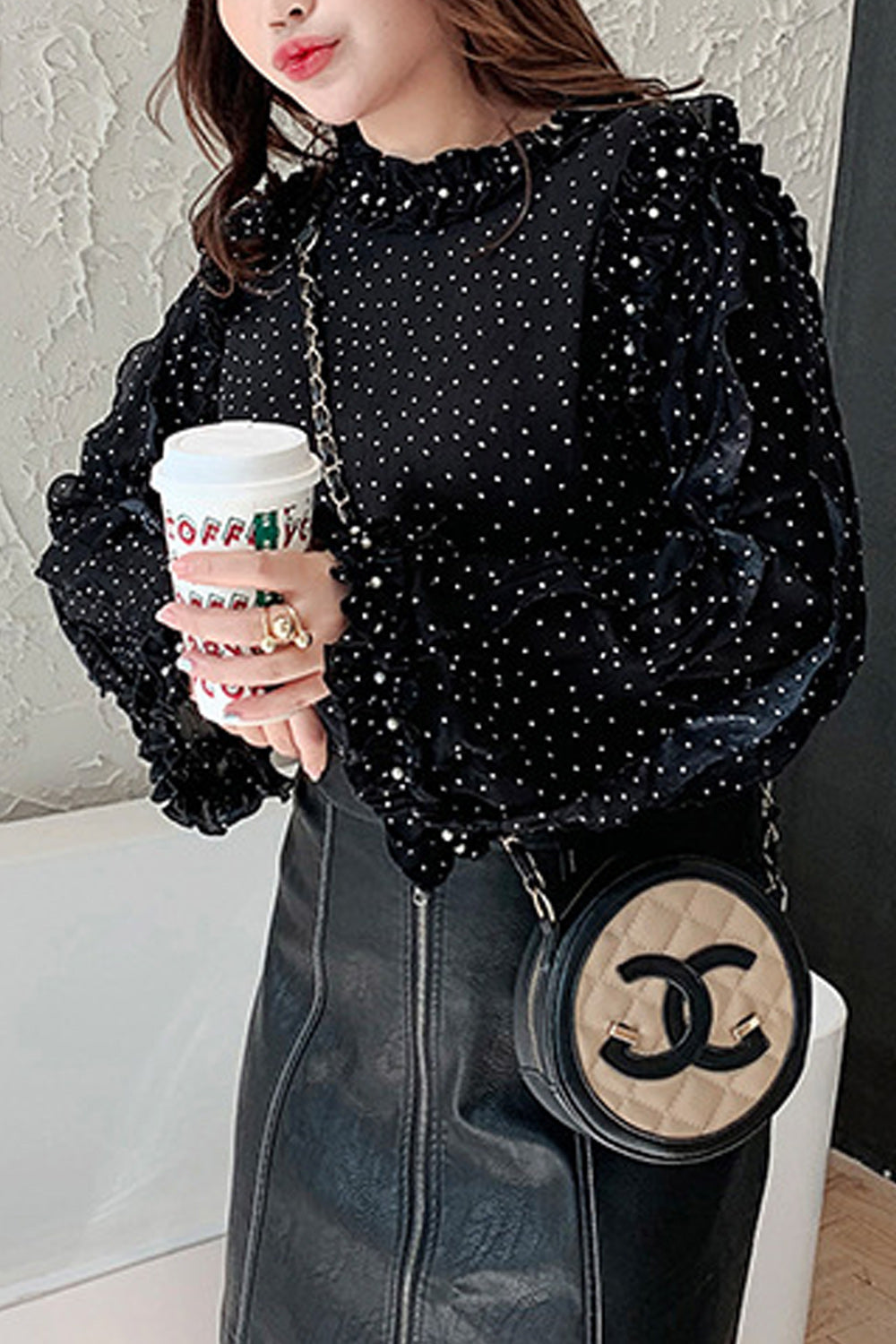 Women Plus Polka Dot Ruffled Long Sleeve Chiffon Shirt
