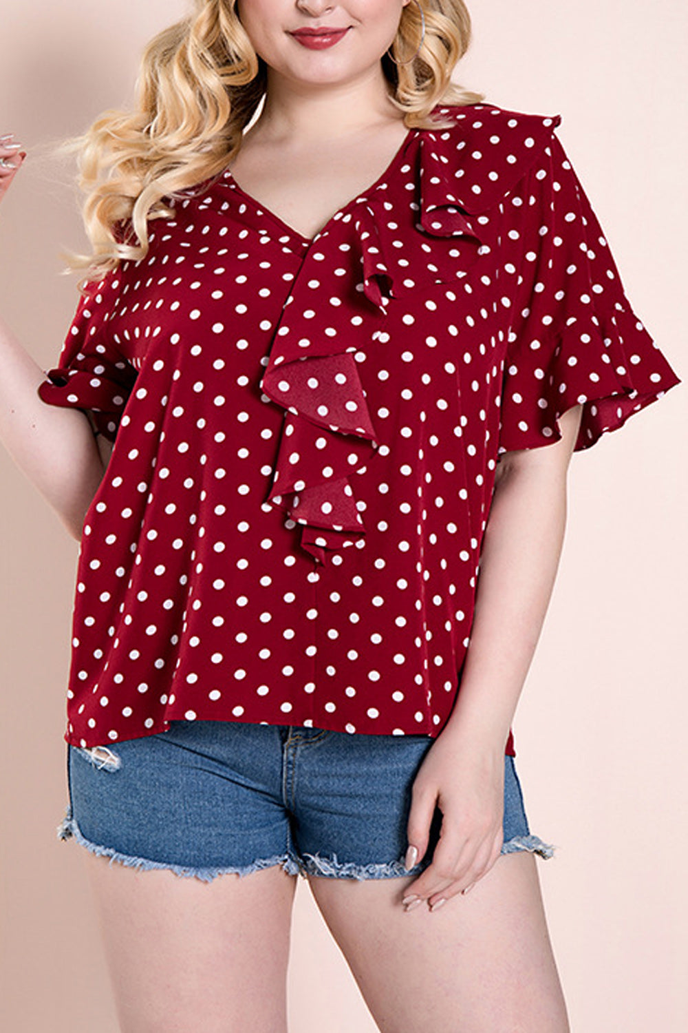 Women Plus V-Neck Polka Dot Ruffle Decorated Casual Shirt