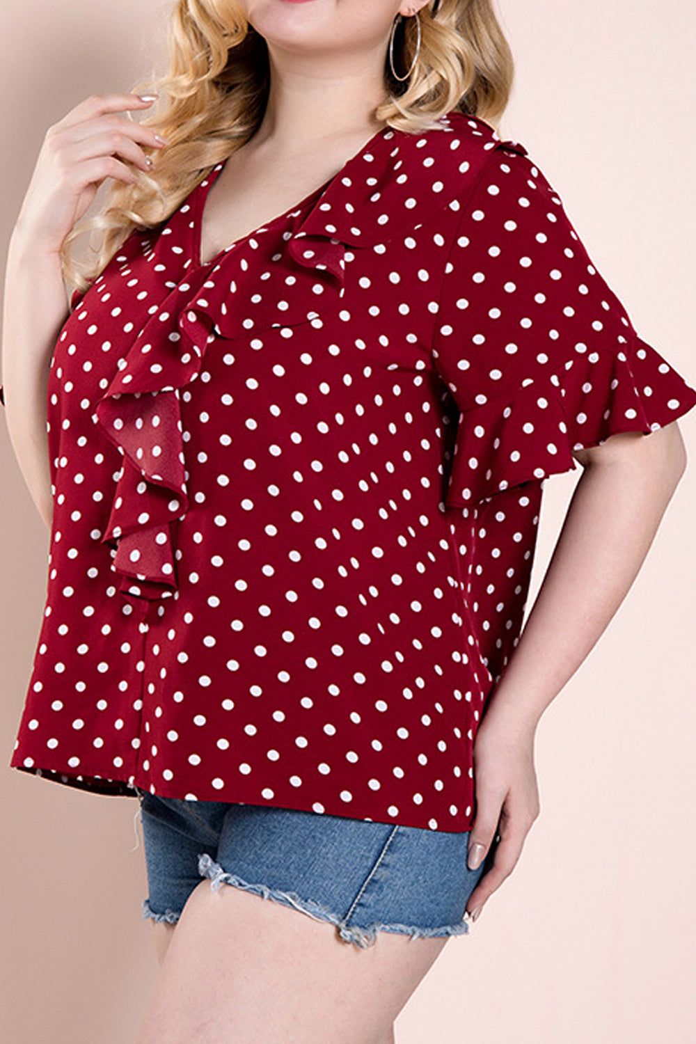 Women Plus V-Neck Polka Dot Ruffle Decorated Casual Shirt