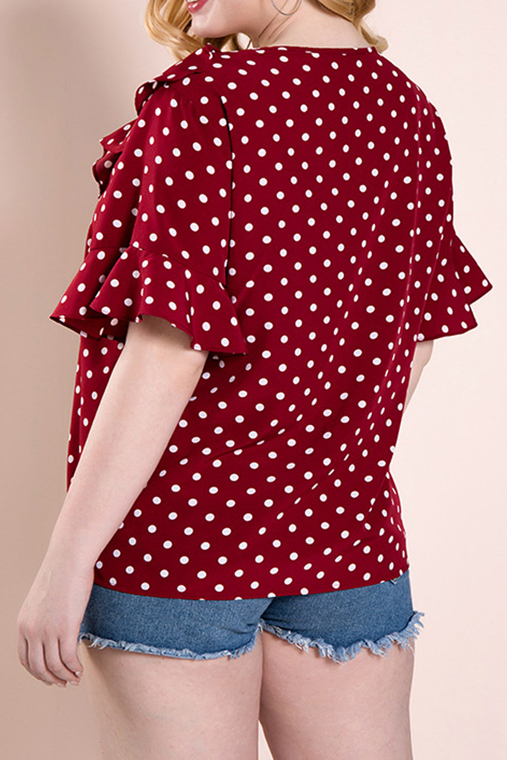 Women Plus V-Neck Polka Dot Ruffle Decorated Casual Shirt