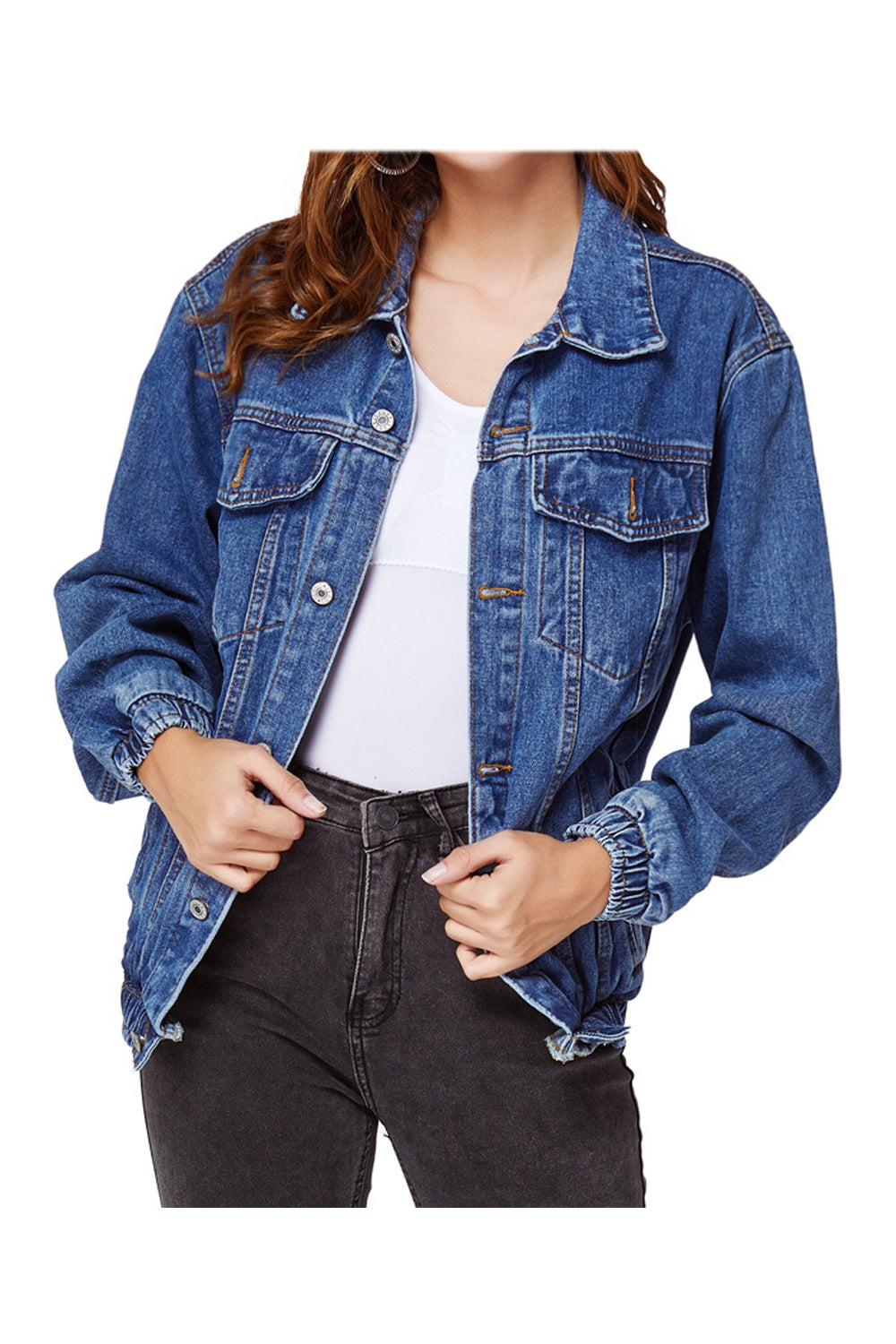 Women Pretty Loose Style Ventilated Collar Neck Awesome Soft Trendy Denim Jacket