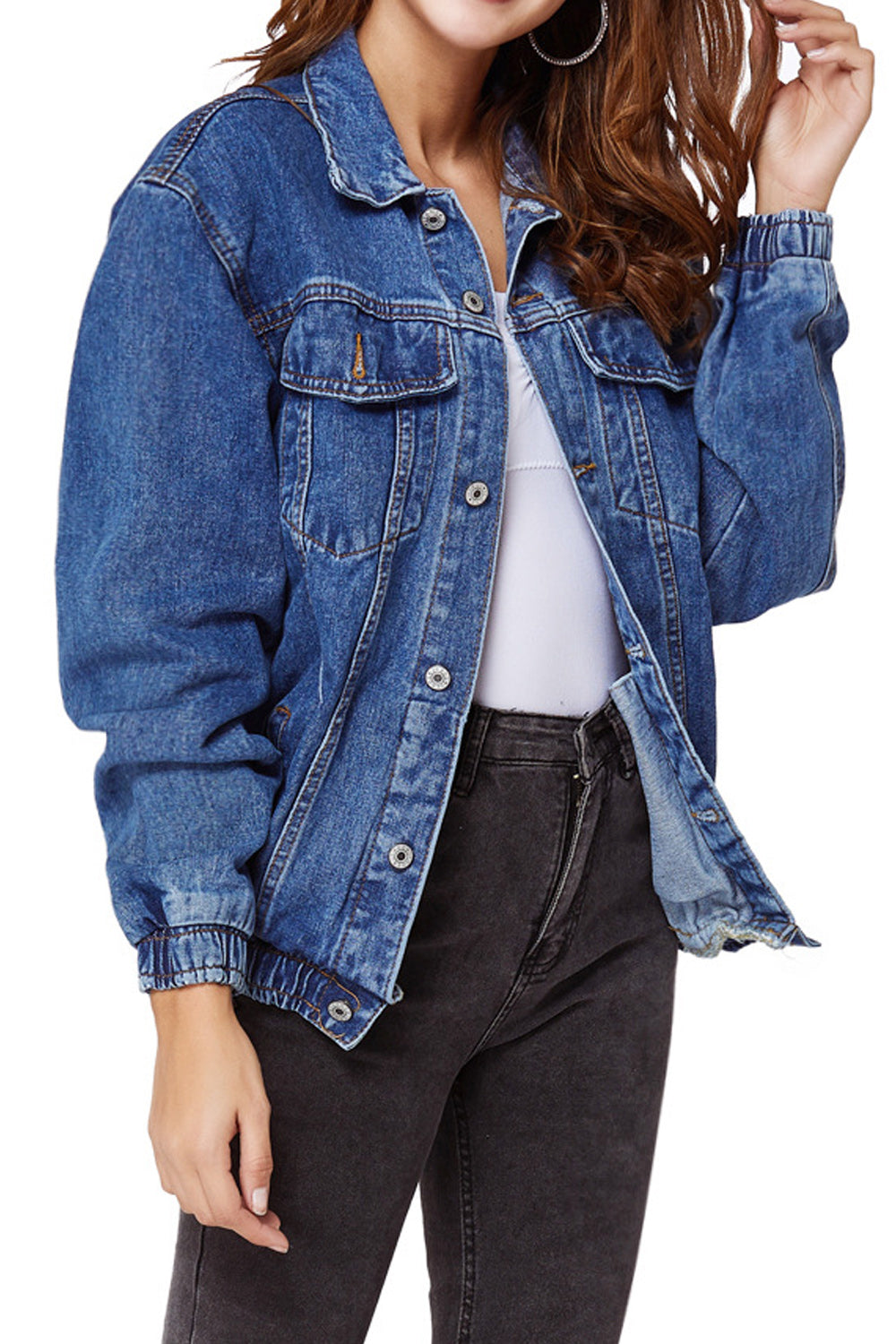 Women Pretty Loose Style Ventilated Collar Neck Awesome Soft Trendy Denim Jacket